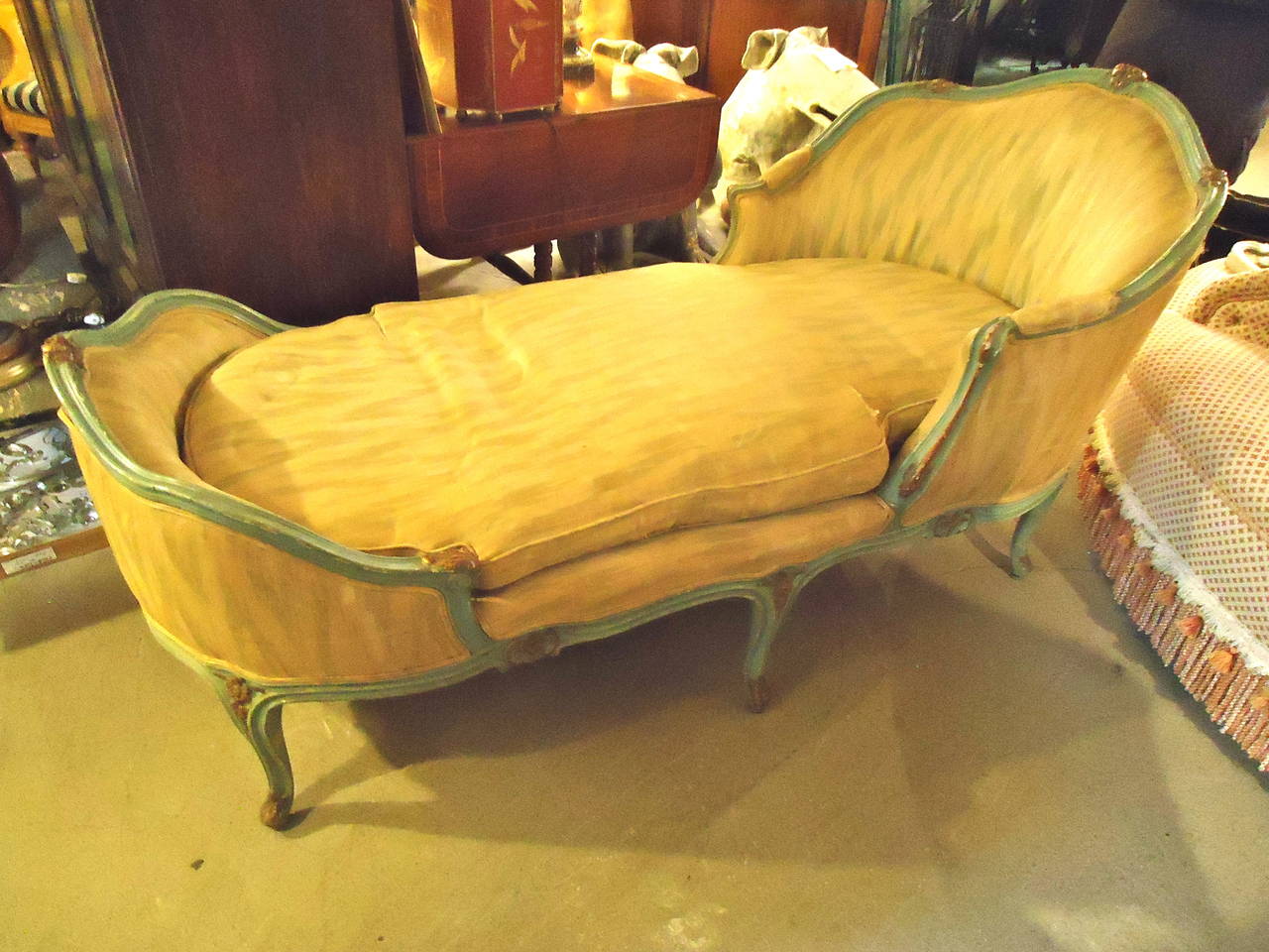 Scrumptious Celadon Green and Gilded French Chaise