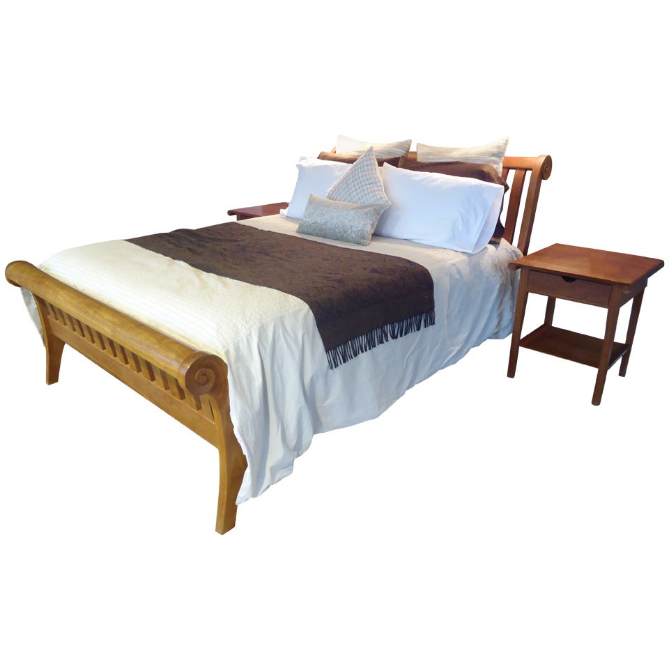 Custom Cherry Queen Sleigh Bed and Matching Night Tables