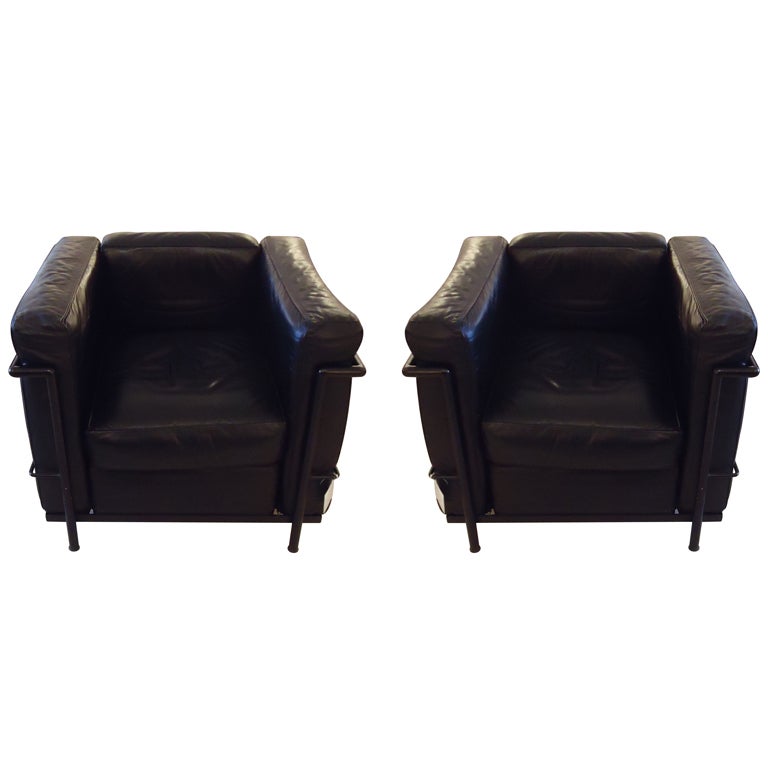 Pair of Midcentury Black Leather Box/Cube Chairs