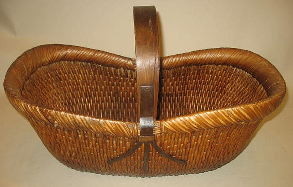 Woven Chinese Garden Basket with Handle and Metal Detail