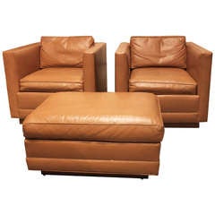 Pair of Leather Club Chairs with Ottoman by Charles Pfister