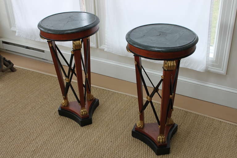 Pair of handsome Decorator Neo-classical Stands in Faux Marble Finish.  Gilded motifs.