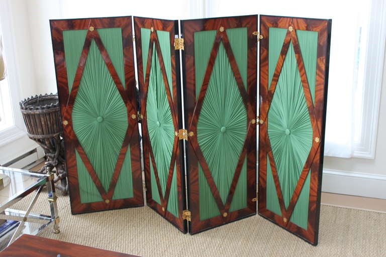 Flame Mahogany Neo-Classical Screens with green silk. Classical design with gilded brass accents.