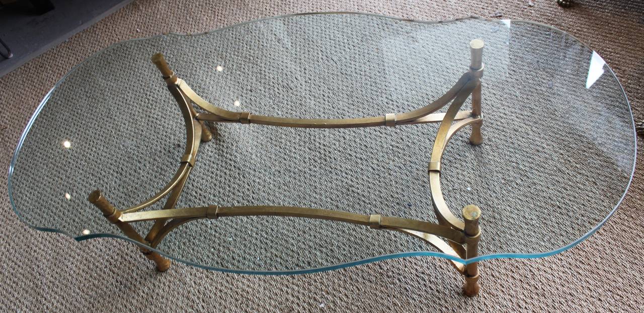 Mid-20th Century Decorator Gilt Wrought Iron Coffee Table with Cut and Rounded Glass