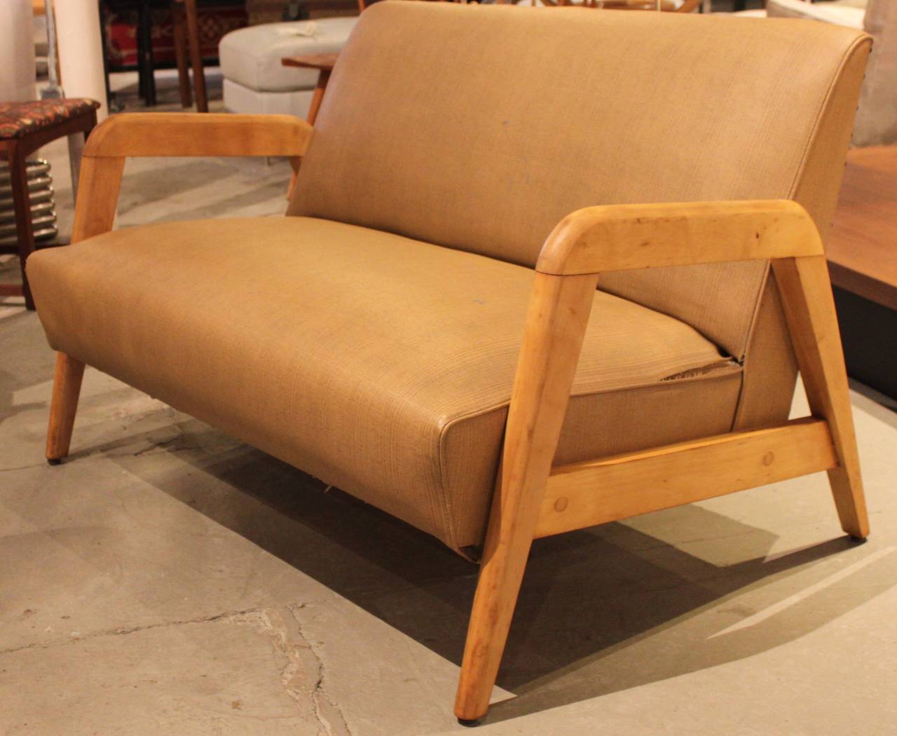 Vintage Mid-Century Modern Settee.  Sturdy Birch wood arm.  Wooden arms in vintage condition.  Minor scuff and staining.