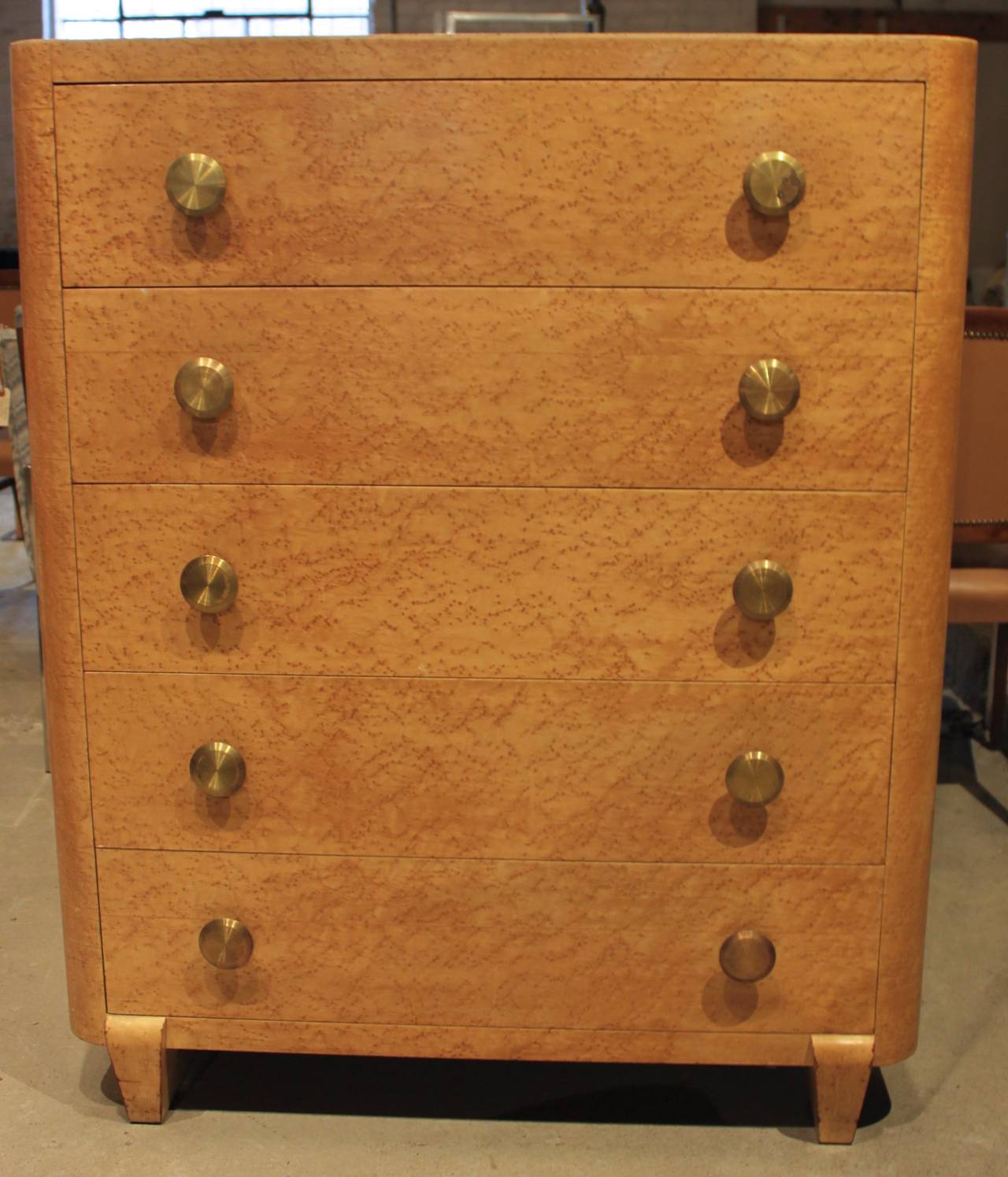 American Art Deco Style Bird's-Eye Maple Five-Drawer Tall Dresser For Sale