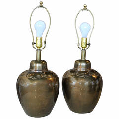 Pair of Chinese-inspired Brass Lamps with Lotus Motif
