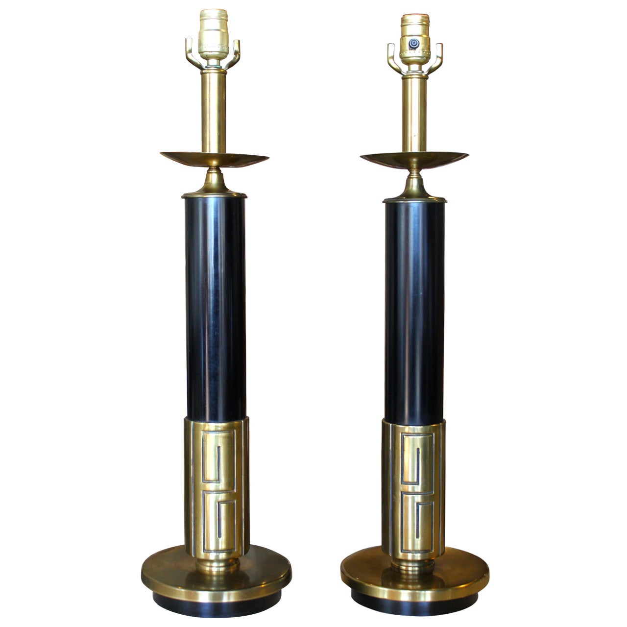 Pair of Mid-Century Modern Brass Lamps with Greek Key Motif For Sale