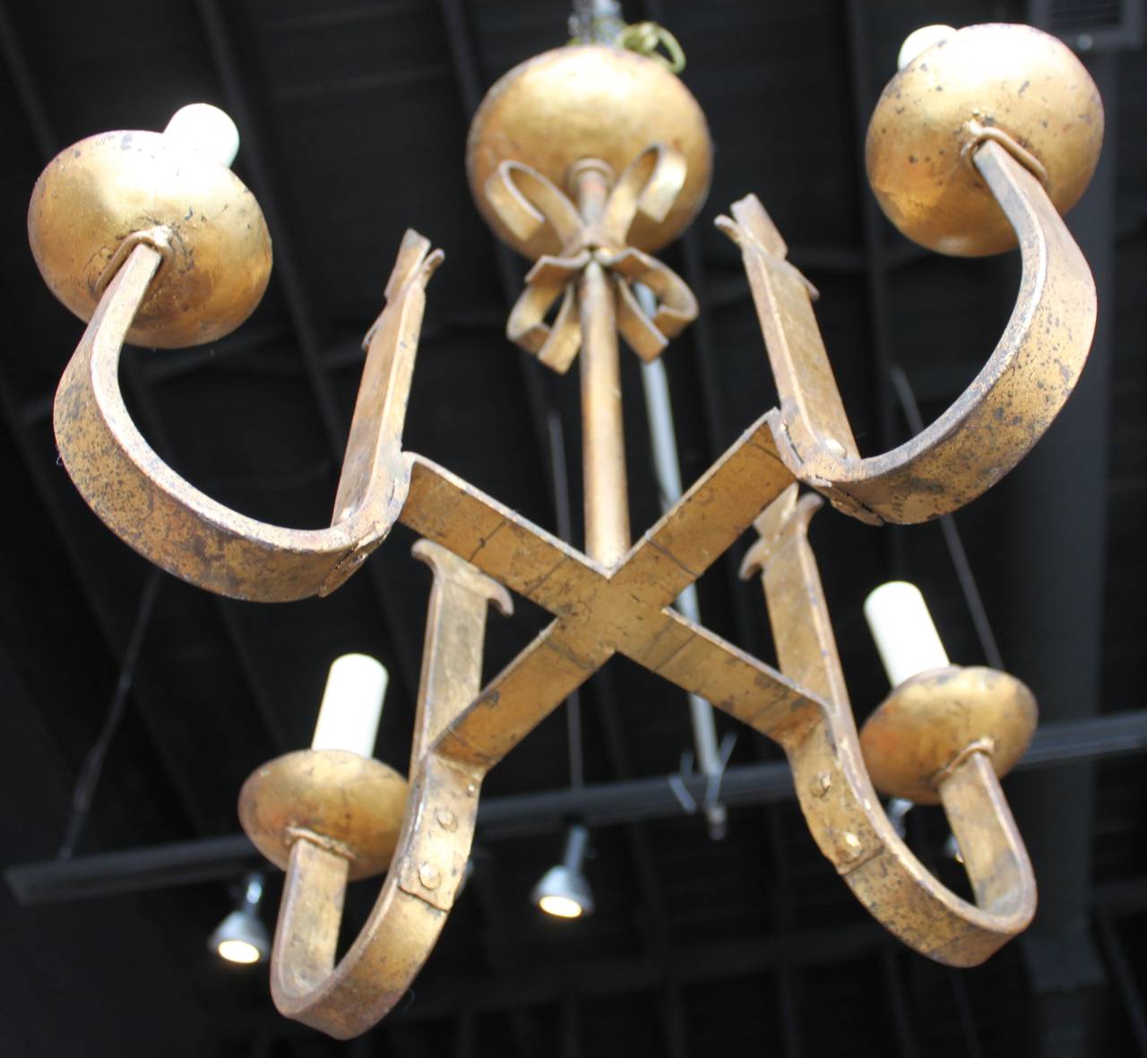 Vintage Gilt Iron Four-Arm Chandelier In Excellent Condition For Sale In Hudson, NY
