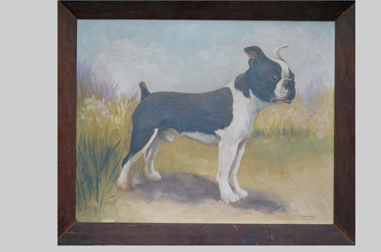Oil on canvas; this lovey painting depicts a male French Bulldog standing guard in a picturesque meadow.  Painting's measurements are taken from the outside of the frame.