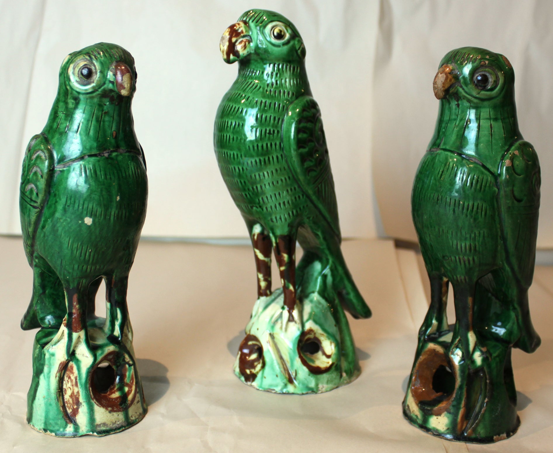 Set of Three Green-Glazed Hawks