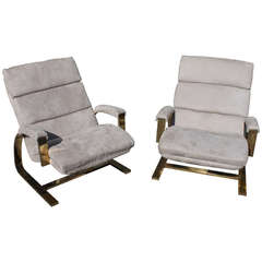 Pair of Milo Baughman Style Lounge Chair with Brass Finish