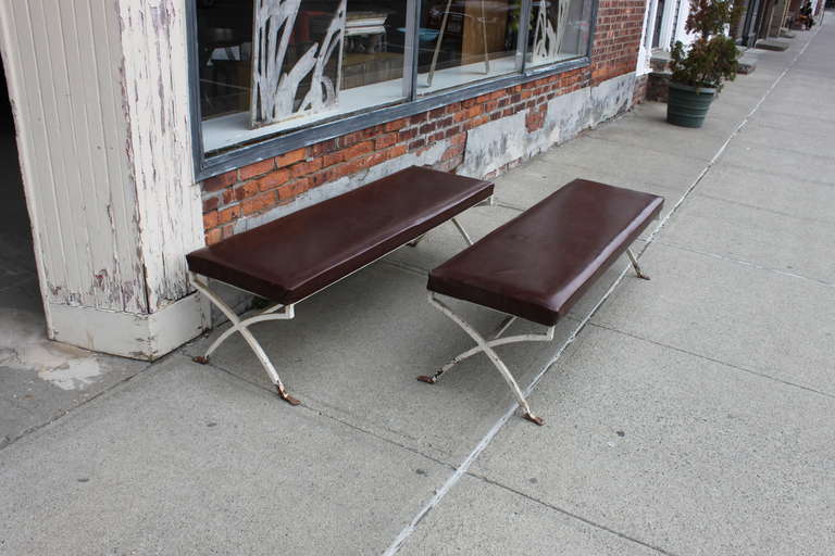 Iron bench with naugahyde upholstered seat (pair).  Great simple design.