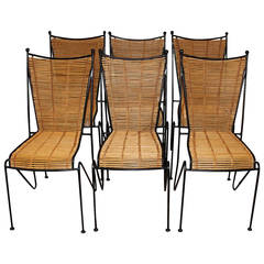 Set of Six Wrought Iron and Bamboo Dining Chairs Attributed to Ficks Reed