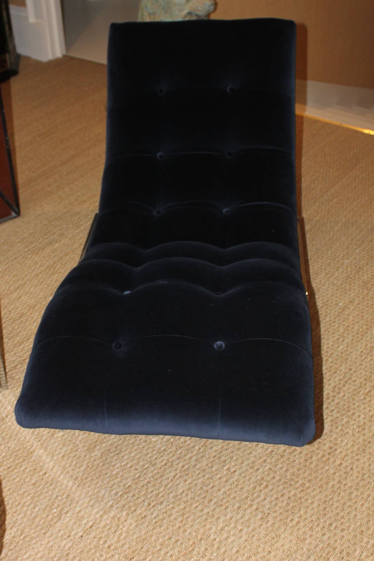 Beautiful chaise lounge by Milo Baughman.  Newly re-upholstered in Quadrille's mid-night blue cotton velvet.  Excellent condition.