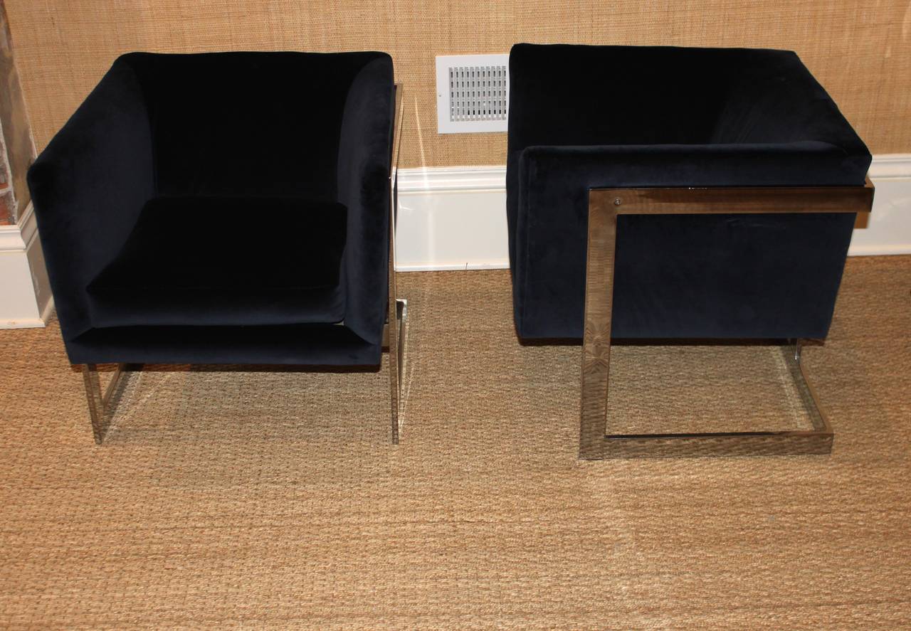 Pair of awesome Milo Baughman chrome flat bar frame cube chairs.  Excellent condition.  Newly re-upholstered in Quadrille's mid-night blue cotton velvet.