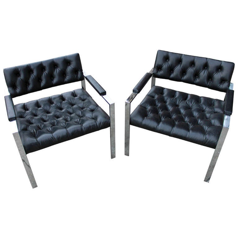 Pair of Harvey Probber Chrome Flatbar Large Scale Lounge Chairs For Sale