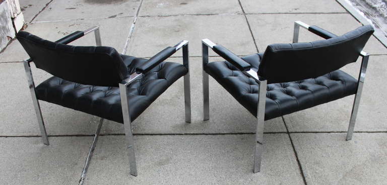 American Pair of Harvey Probber Chrome Flatbar Large Scale Lounge Chairs For Sale