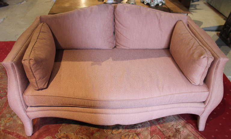 Pair of unusual shaped settees. Cushions in polyester fibers, feather and down.  Great decorator vintage frames. Labeled.