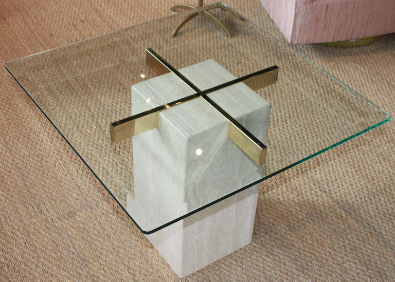 Glass top marble base end table.  Labeled Artedi