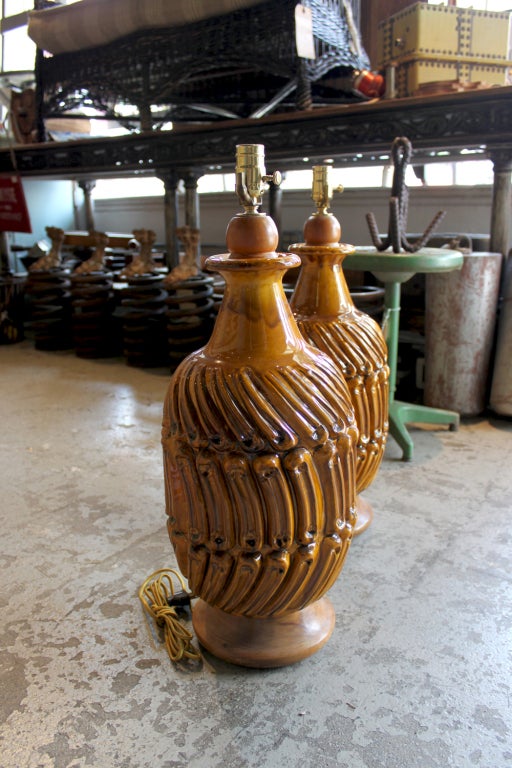 Beautifully-scaled relief patterned ceramic table lamps.