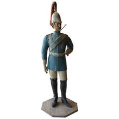 Antique Polychrome Carved Wood European Soldier Figure