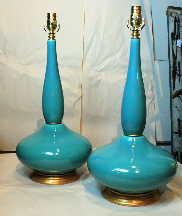 Mid-Century Modern Pair of Genie Form Turquoise Lamps