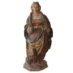 Antique Continental Polychrome Wood Figure of Saint Catherine of Alexandria
