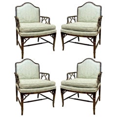 Faux Bamboo Upholstered Chinese Chippendale Chairs
