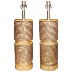 Pair of Cylindrical Rope and Wood Table Lamps