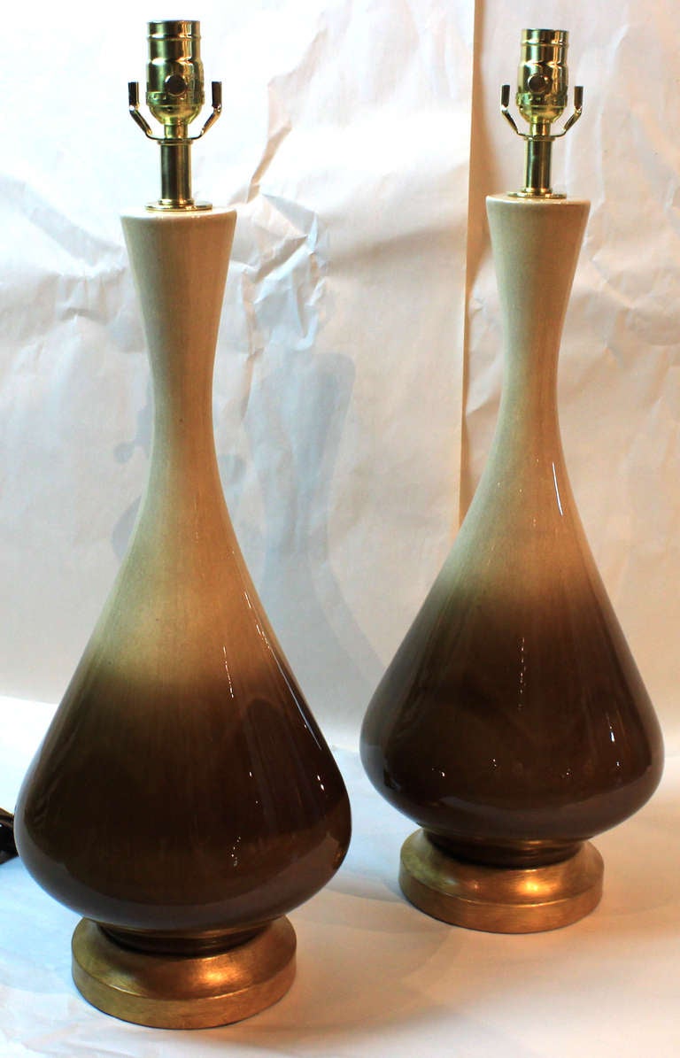 Pair of Hager, tan to brown, glazed ceramic lamps c. 1960