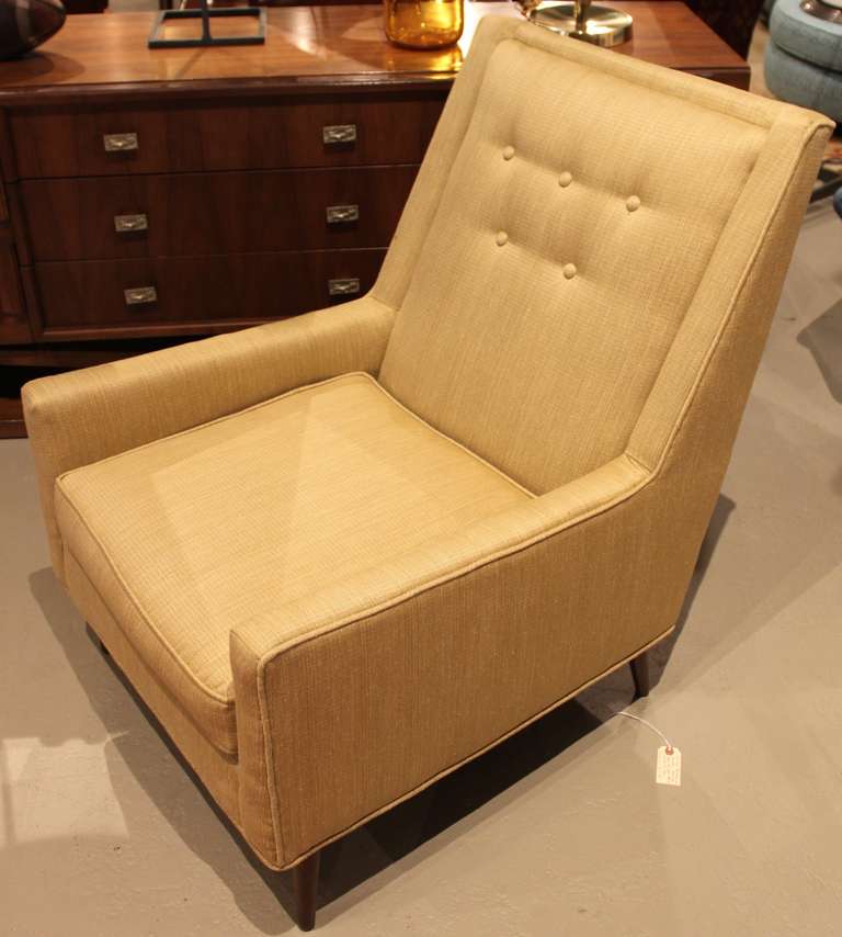 Chair has recently re-upholstered in new beige Quadrille fabric.  Beautiful and comfortable high back armchair.  Clean and simple mid-century modern design.
