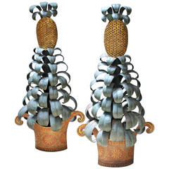 Pair of Vintage Large Tole Polychrome Decorated Pineapple Scone Lamps
