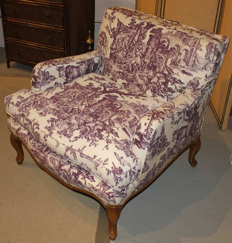 American Pair of Vintage Toile de Jouy Bergere Extra-Wide Lounge Chairs