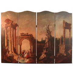 Antique 19th Century Italian Painted Canvas Four Panel Screen