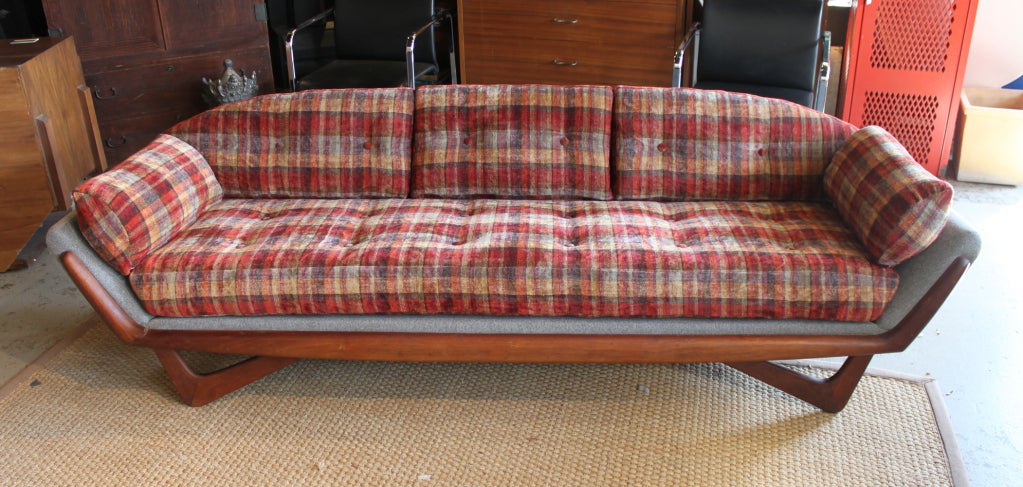 Adrian Pearsall atomic age walnut trimmed sofa. All new upholstery inside and out recreating the original lines. Also staying true to the original design two different fabrics were used. A Heather gray wool felt for the body with coordinating cotton