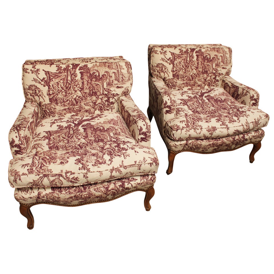 Pair of Vintage Toile de Jouy Bergere Extra-Wide Lounge Chairs