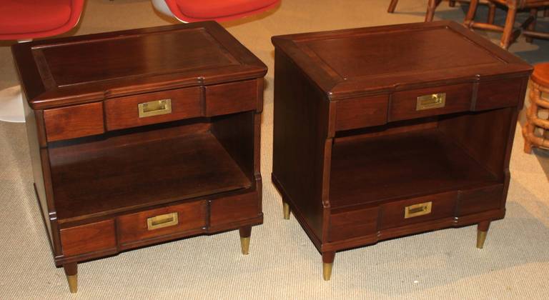 Refinished beautiful nightstands in maple wood with a dark walnut finish. Brass hardware and cap feet.
Labelled John Widdicomb.