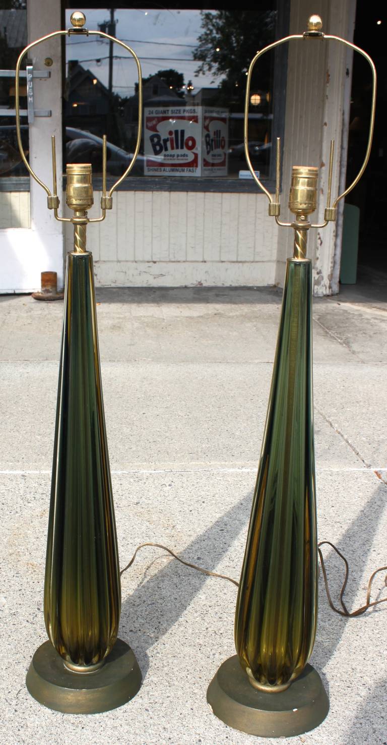 Pair of Luminous Solid, Pulled Murano Glass Lamps For Sale 4