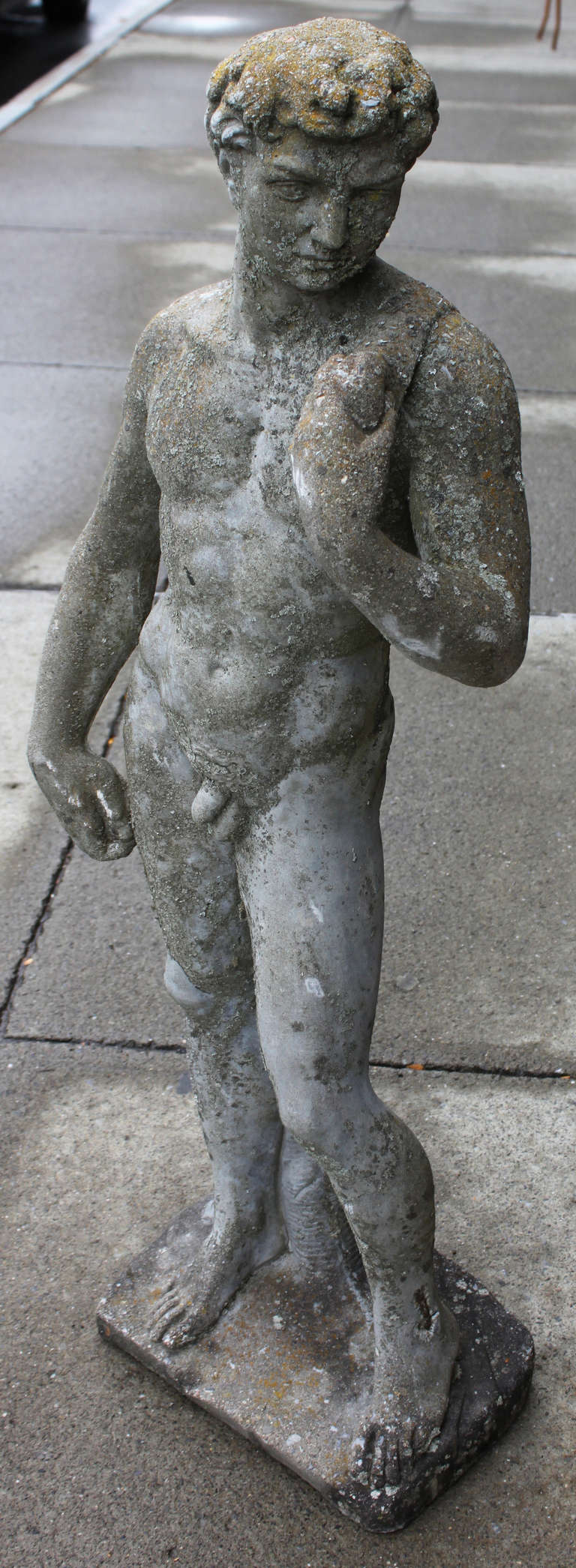Early 20th century cast limestone statuary of Michelangelo's David. This marvelous piece has spent  his life in a wonderful upstate NY farm house garden where he has acquired a nicely weathered patina complete with moss and lichen.