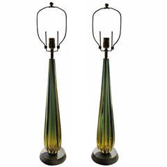 Pair of Luminous Solid, Pulled Murano Glass Lamps