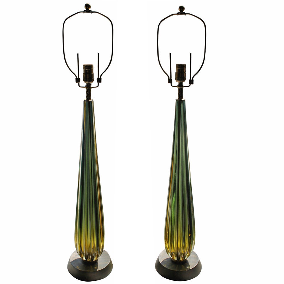 Pair of Luminous Solid, Pulled Murano Glass Lamps For Sale