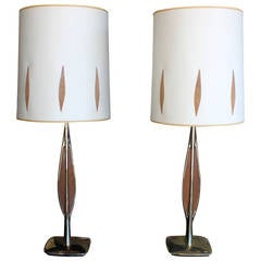 Mid-Century Modern Brass and Teak Lamps, Pair