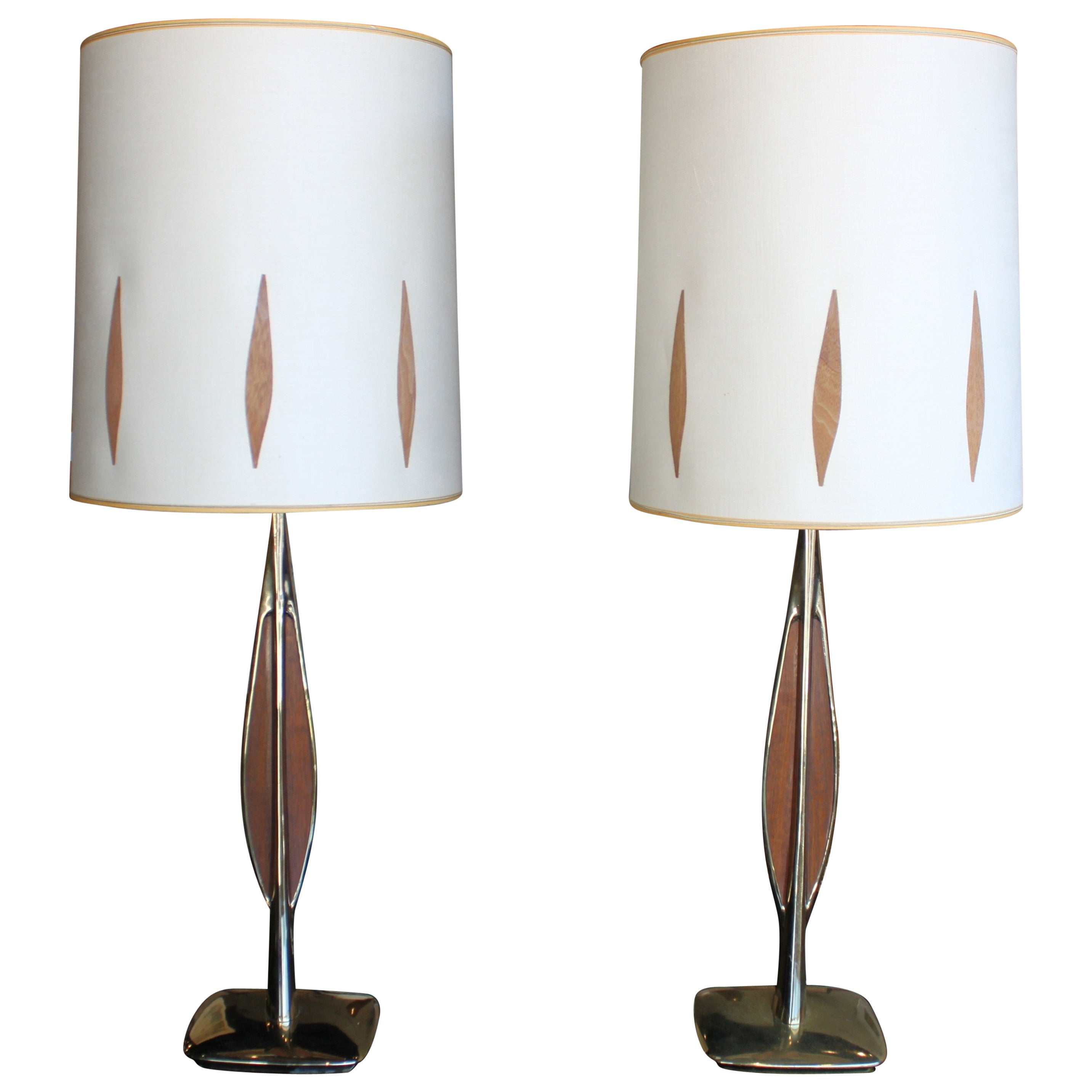 Mid-Century Modern Brass and Teak Lamps, Pair For Sale