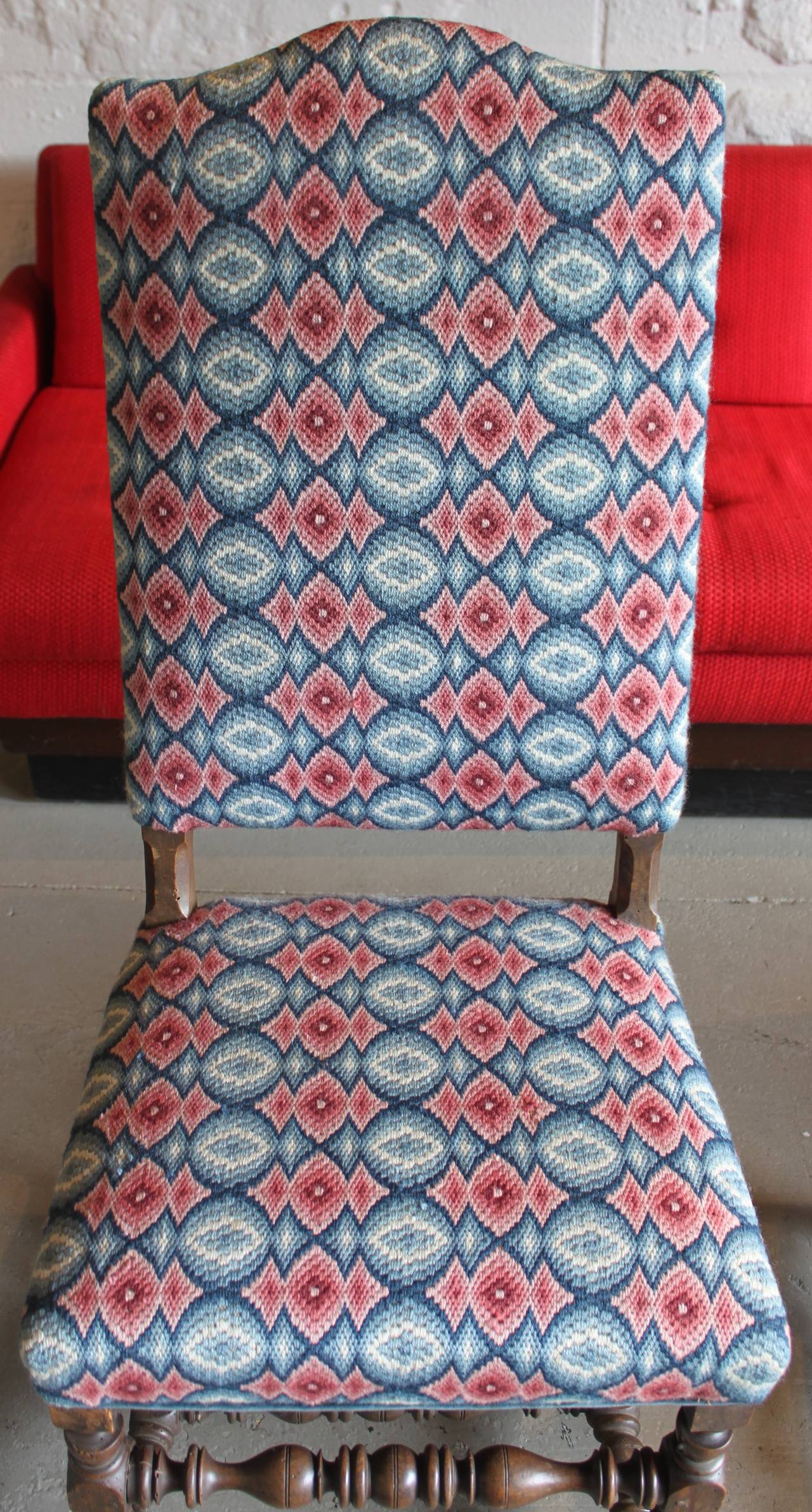17th century pair of William & Mary Side chairs, Bargello upholstery. Back of one chair tilts: see photograph.