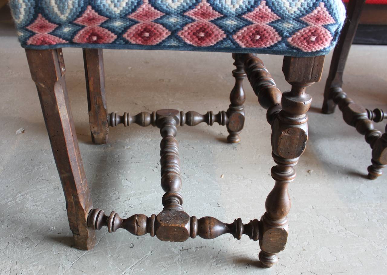 17th Century Pair of William & Mary Side Chairs, Bargello Upholstery In Good Condition For Sale In Hudson, NY