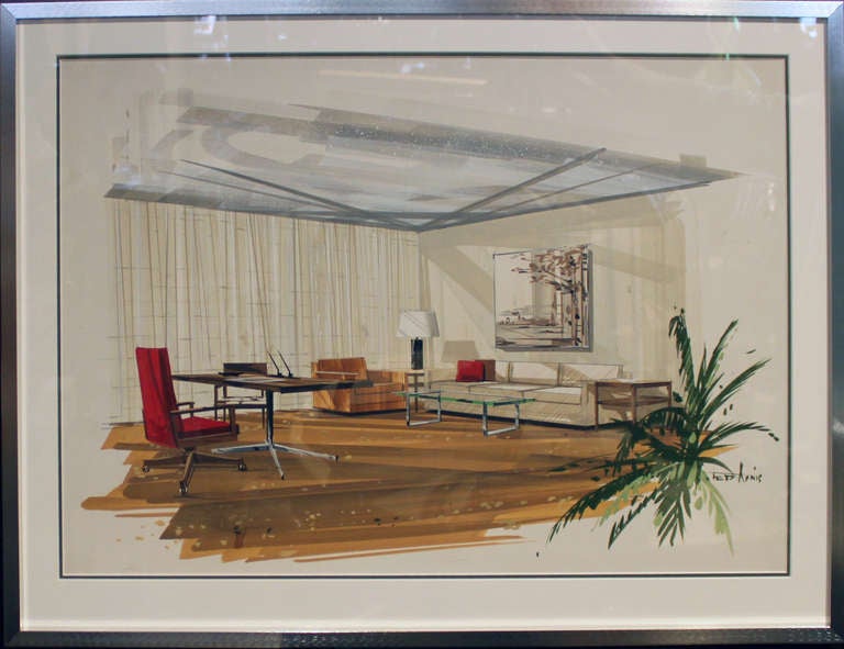 Well executed and artist signed architectural watercolor rendering on board.  Archival framing.