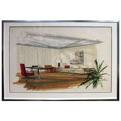 Mid 20th Century Architectural Interior Watercolor Rendering