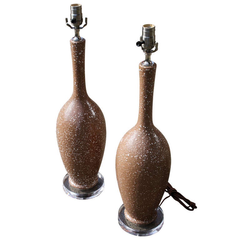 Pair of Mocha Pebble Glaze Table Lamps For Sale