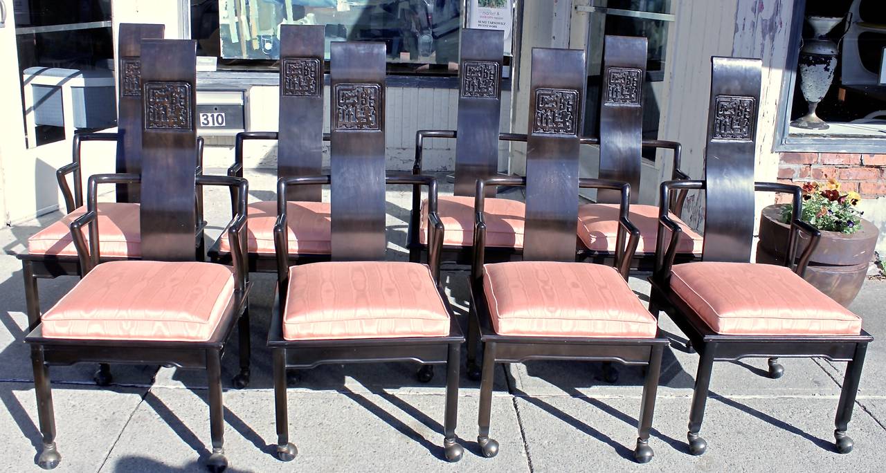 Beautiful set of eight dining chairs by Widdicomb. Mid-Century Modern Chinese inspired design from the Far East Collection. Seats have been reupholstered in a Quadrille's moire fabric. All chairs are on original casters.